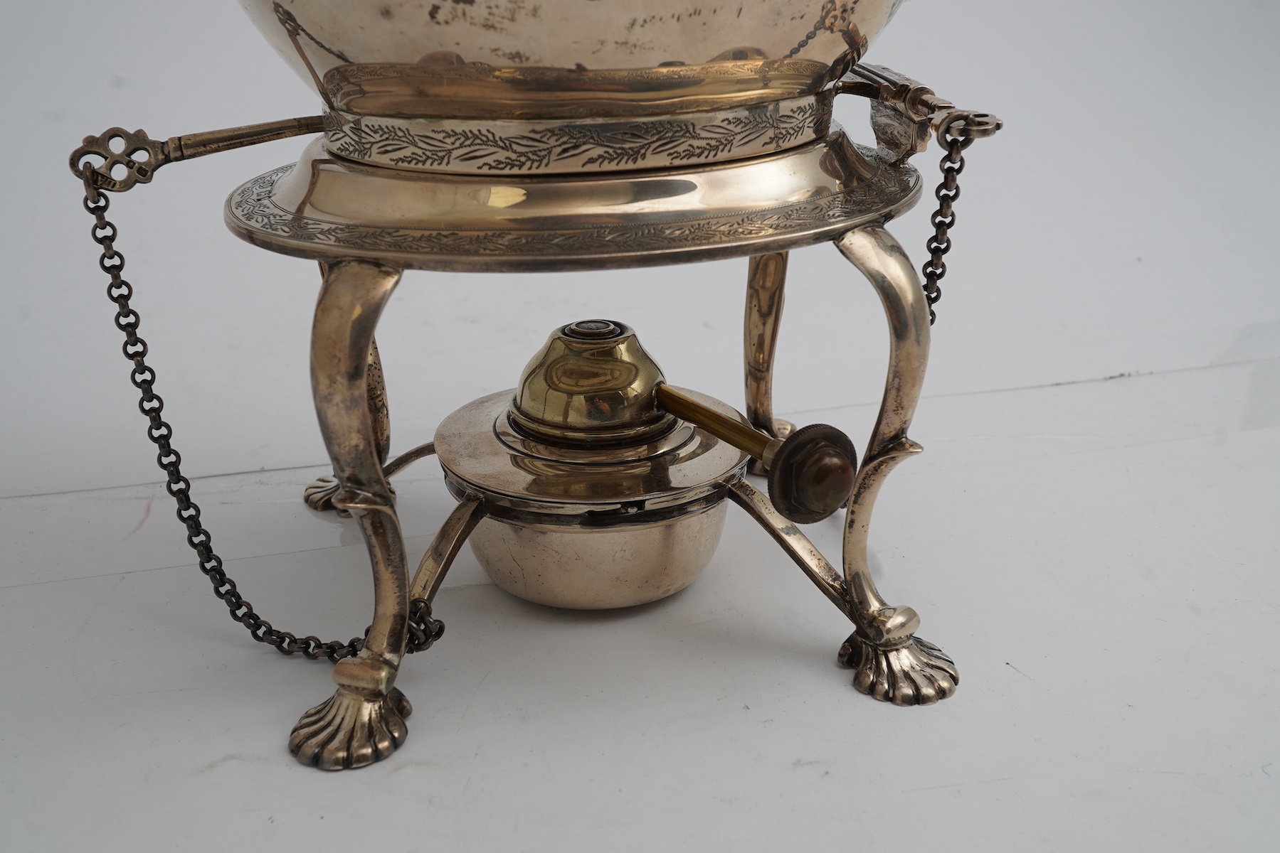 A George V silver oval tea kettle on stand with plated burner, Crichton Brothers